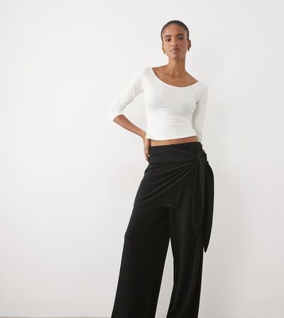 ASOS Tall ASOS DESIGN Tall supersoft drape tie side wide leg trouser in black