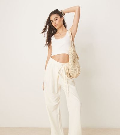 ASOS Tall ASOS DESIGN Tall tailored linen mix wrap tie pants in ivory-White