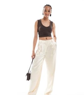 ASOS Tall ASOS DESIGN Tall tailored straight leg satin pants in ivory-White