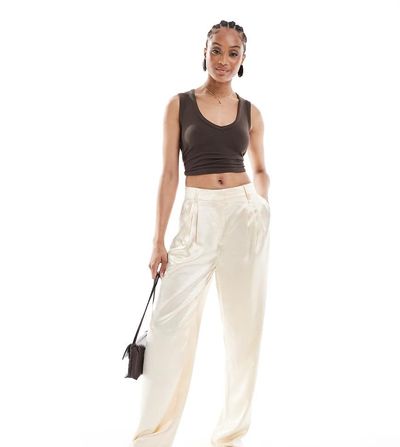 ASOS Tall ASOS DESIGN Tall tailored straight leg satin pants in ivory-White