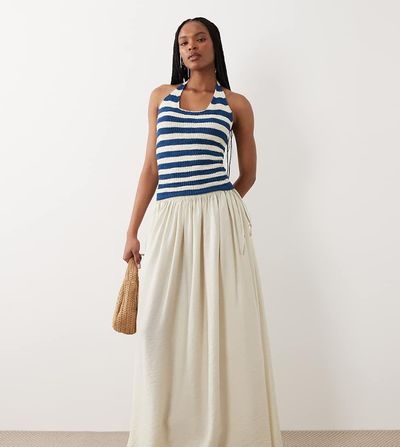 ASOS Tall ASOS DESIGN Tall tie waist soft crinkle maxi skirt in cream-White
