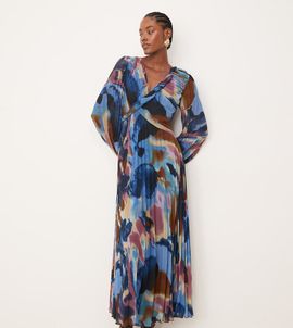 ASOS Tall ASOS DESIGN Tall twisted detail wrap front pleated midi dress in abstract navy-Multi