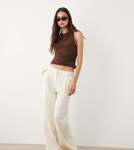 ASOS Tall ASOS DESIGN Tall wide leg linen blend pants with pleated detailing in cream-White