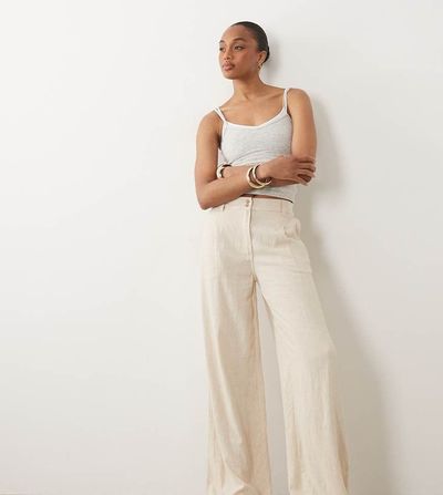 ASOS Tall ASOS DESIGN Tall wide leg linen blend pants with pleated detailing in natural-Neutral