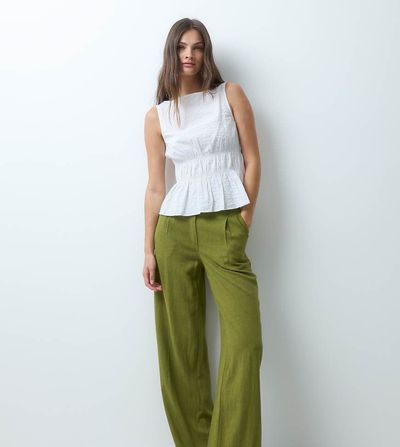 ASOS Tall ASOS DESIGN Tall wide leg pants with pleat detail in linen blend in green