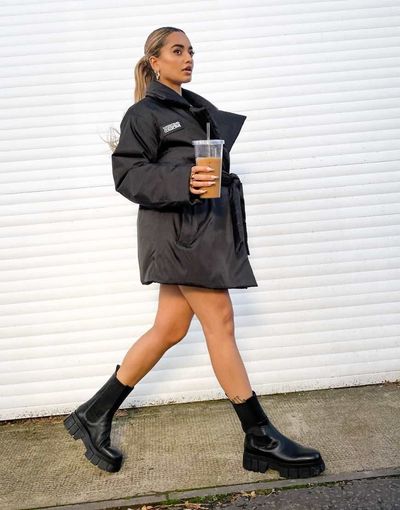 ASOS Weekend Collective ASOS Weekend Collective clean belted padded coat with logo in black-Gray