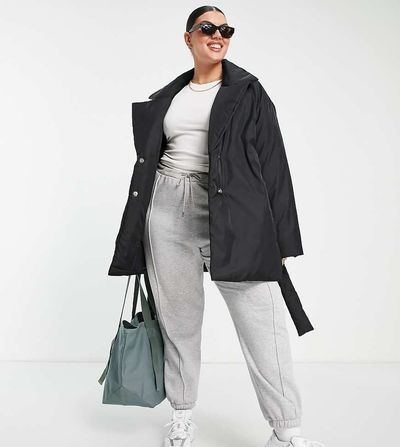 ASOS Weekend Collective ASOS Weekend Collective Curve clean belted padded coat with logo in black-Gray