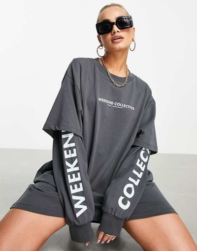 ASOS Weekend Collective ASOS Weekend Collective double layer T-shirt dress with logo in charcoal-Gray