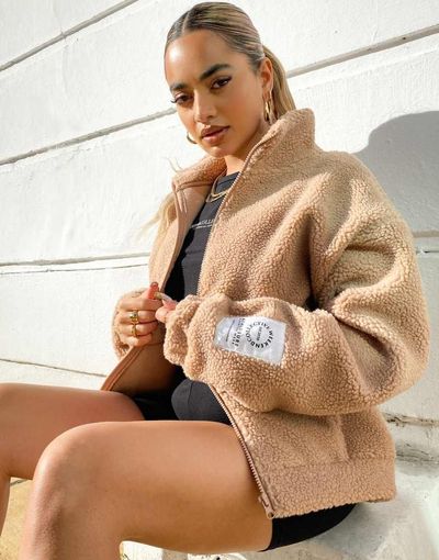 ASOS Weekend Collective ASOS Weekend Collective zip through fleece with logo label in ecru-White
