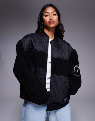 ASOS Weekend Collective Weekend Collective borg zip through bomber jacket with nylon detail in black