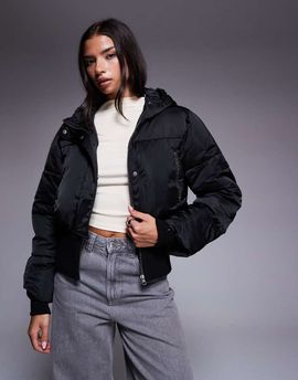 ASOS Weekend Collective Weekend Collective cropped padded coat with ribbed corseted waist detailing in black