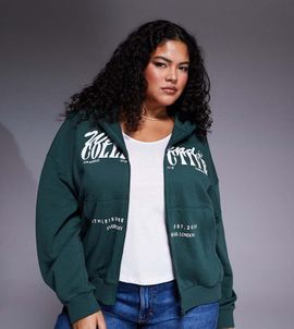 ASOS Weekend Collective Weekend Collective Curve zip through hoodie with mixed font graphic in green