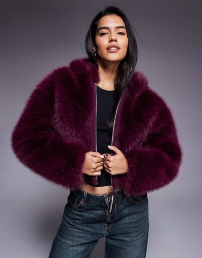 ASOS Weekend Collective Weekend Collective faux fur cropped coat in plum-Red
