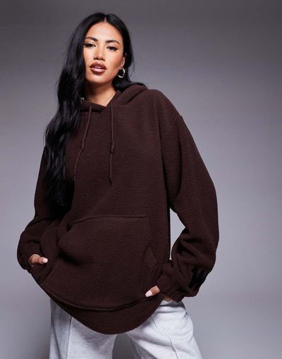 ASOS Weekend Collective Weekend Collective heavyweight teddy hoodie with WCA sleeve graphic detail in chocolate-Brown
