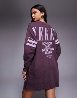 ASOS Weekend Collective Weekend Collective Icon long sleeve t-shirt dress with stacked back logo in washed plum-Purple