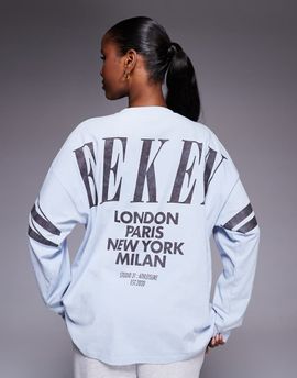 ASOS Weekend Collective Weekend Collective Icon long sleeve t-shirt with stacked back logo in washed dusky blue and chocolate