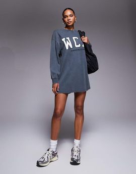 ASOS Weekend Collective Weekend Collective Icon oversized long sleeve T-shirt dress with varsity logo in washed charcoal-Gray
