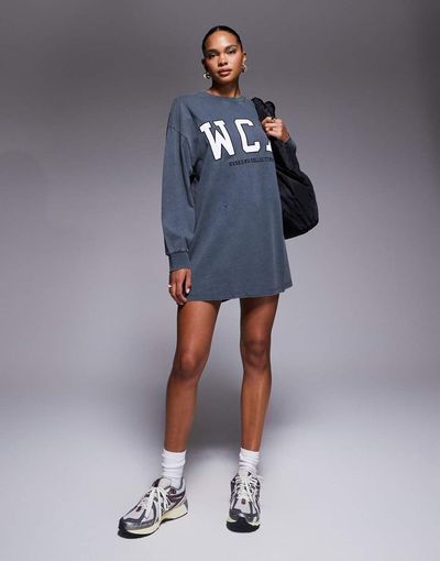 ASOS Weekend Collective Weekend Collective Icon oversized long sleeve T-shirt dress with varsity logo in washed charcoal-Gray