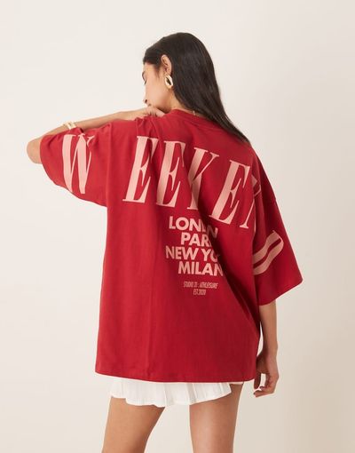 ASOS Weekend Collective Weekend Collective Icon oversized t-shirt with stacked back logo in red and pink