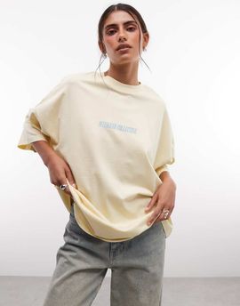 ASOS Weekend Collective Weekend Collective Icon oversized t-shirt with stacked back logo in yellow with blue print