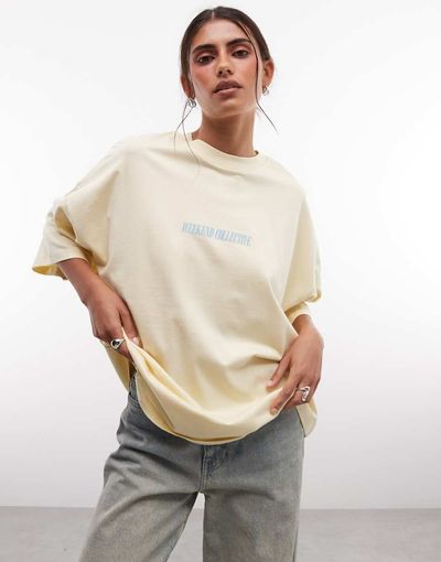 ASOS Weekend Collective Weekend Collective Icon oversized t-shirt with stacked back logo in yellow with blue print
