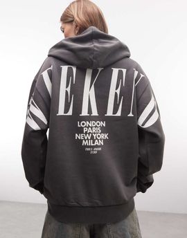ASOS Weekend Collective Weekend Collective Icon stacked back print hoodie in washed charcoal-Gray