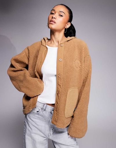 ASOS Weekend Collective Weekend Collective knit ribbed mix borg hooded jacket in neutral