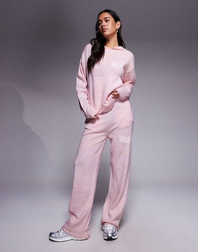 ASOS Weekend Collective Weekend Collective knit wide leg sweatpants with varsity graphic in pink - part of a set