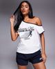 ASOS Weekend Collective Weekend Collective off the shoulder t-shirt with navy contrast trim and runner graphic in cream - part of a set-White - 1