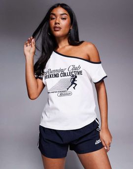 ASOS Weekend Collective Weekend Collective off the shoulder t-shirt with navy contrast trim and runner graphic in cream - part of a set-White