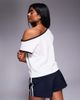 ASOS Weekend Collective Weekend Collective off the shoulder t-shirt with navy contrast trim and runner graphic in cream - part of a set-White - 4