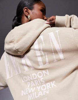 ASOS Weekend Collective Weekend Collective oversized hoodie with stacked back logo in washed stone and pink-Neutral