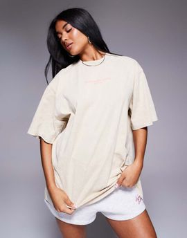 ASOS Weekend Collective Weekend Collective oversized t-shirt with graphic front logo in washed stone and pink-Neutral