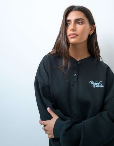 ASOS Weekend Collective Weekend Collective set oversized henley sweatshirt with graphic in black
