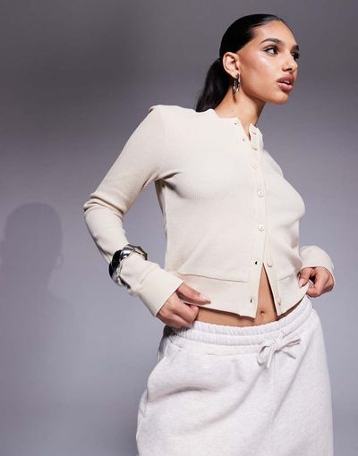 ASOS Weekend Collective Weekend Collective waffle knit cardigan with woven label in stone-Neutral