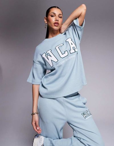 ASOS Weekend Collective Weekend Collective waffle top with varsity logo in washed sage green - part of a set