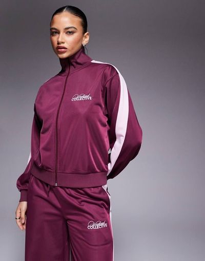 ASOS Weekend Collective Weekend Collective zip up poly-tricot tracksuit top in burgundy - part of a set-Red