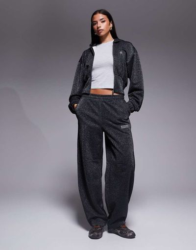 ASOS Weekend Collective Weekend Collective zip up wide leg sweatpants with metallic thread in charcoal - part of a set-Gray