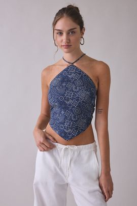 ASTR The Label ASTR The Label Shaniya High Neck Scarf Top in Navy, Women's at Urban Outfitters