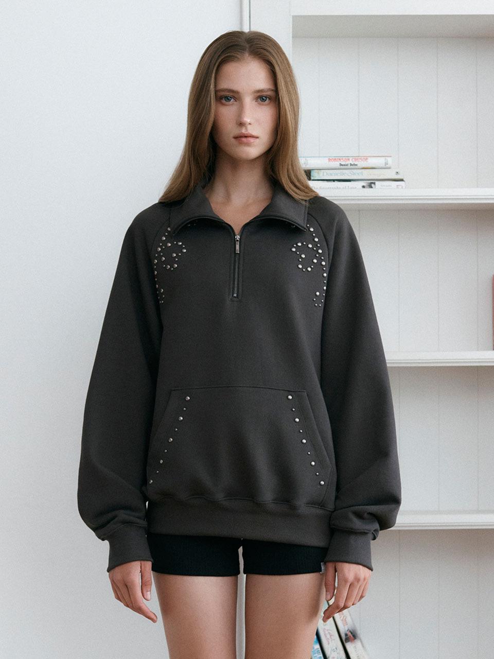ASURA HEART STUD HALF ZIP-UP SWEATSHIRT [CHARCOAL]