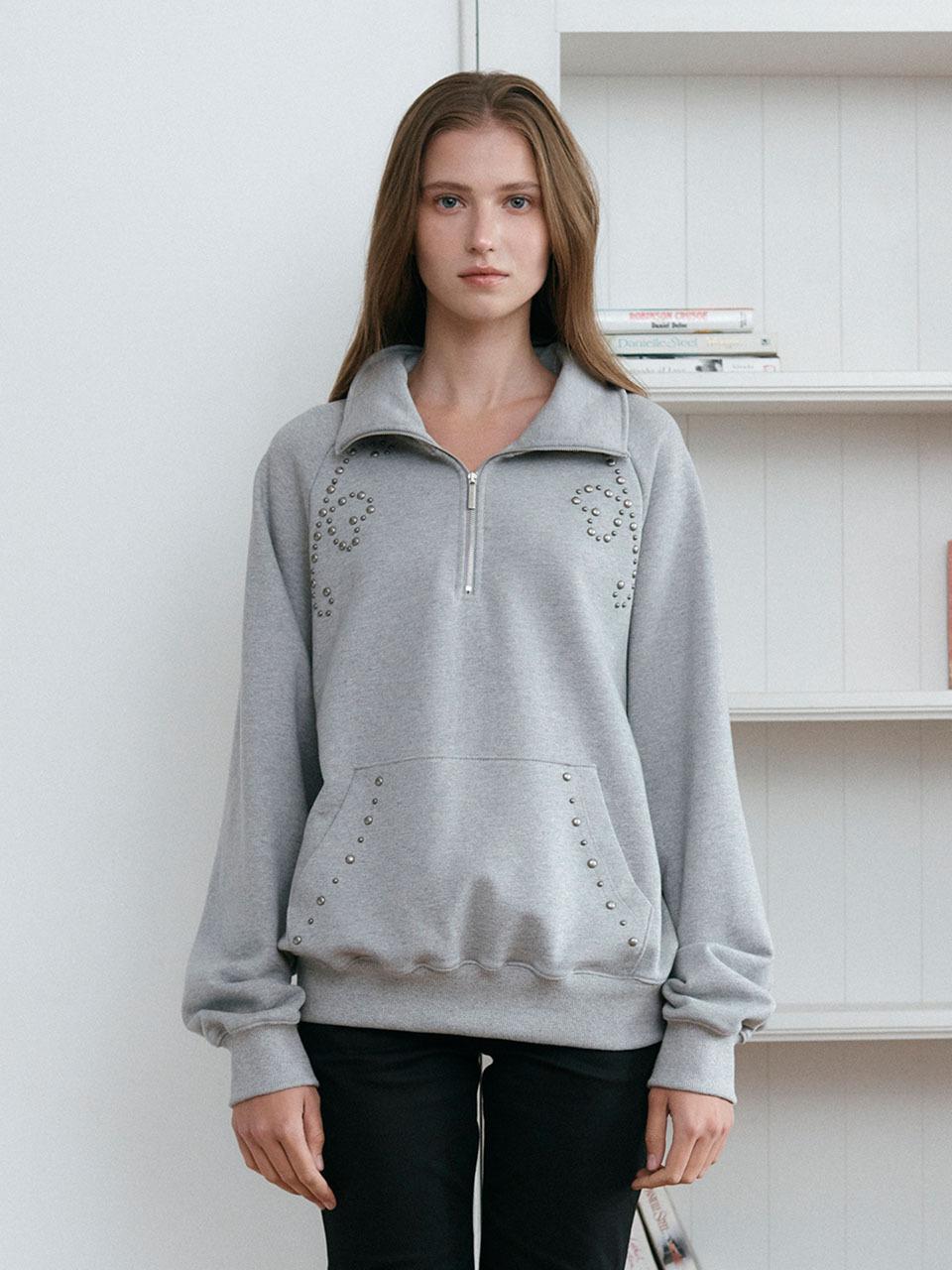 ASURA HEART STUD HALF ZIP-UP SWEATSHIRT (MELANGE GREY)