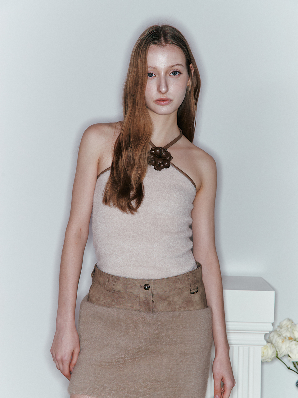 ASURA Leather Fur Mix Skirt (Brown)