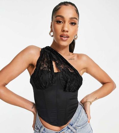 AsYou ASYOU asymmetric lace strap corset top in black-Multi