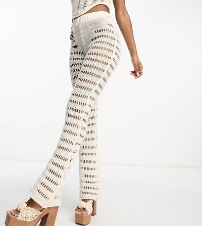 AsYou ASYOU knit crochet flare pants in cream - part of a set-White