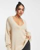 AsYou ASYOU v neck knitted sweater in camel-Black - 1