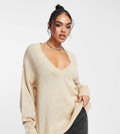 AsYou ASYOU v neck knitted sweater in camel-Black
