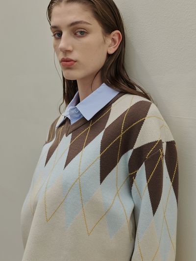 Atelier Nain Colleen Argyle Overfit V-neck Knit_2 Colors