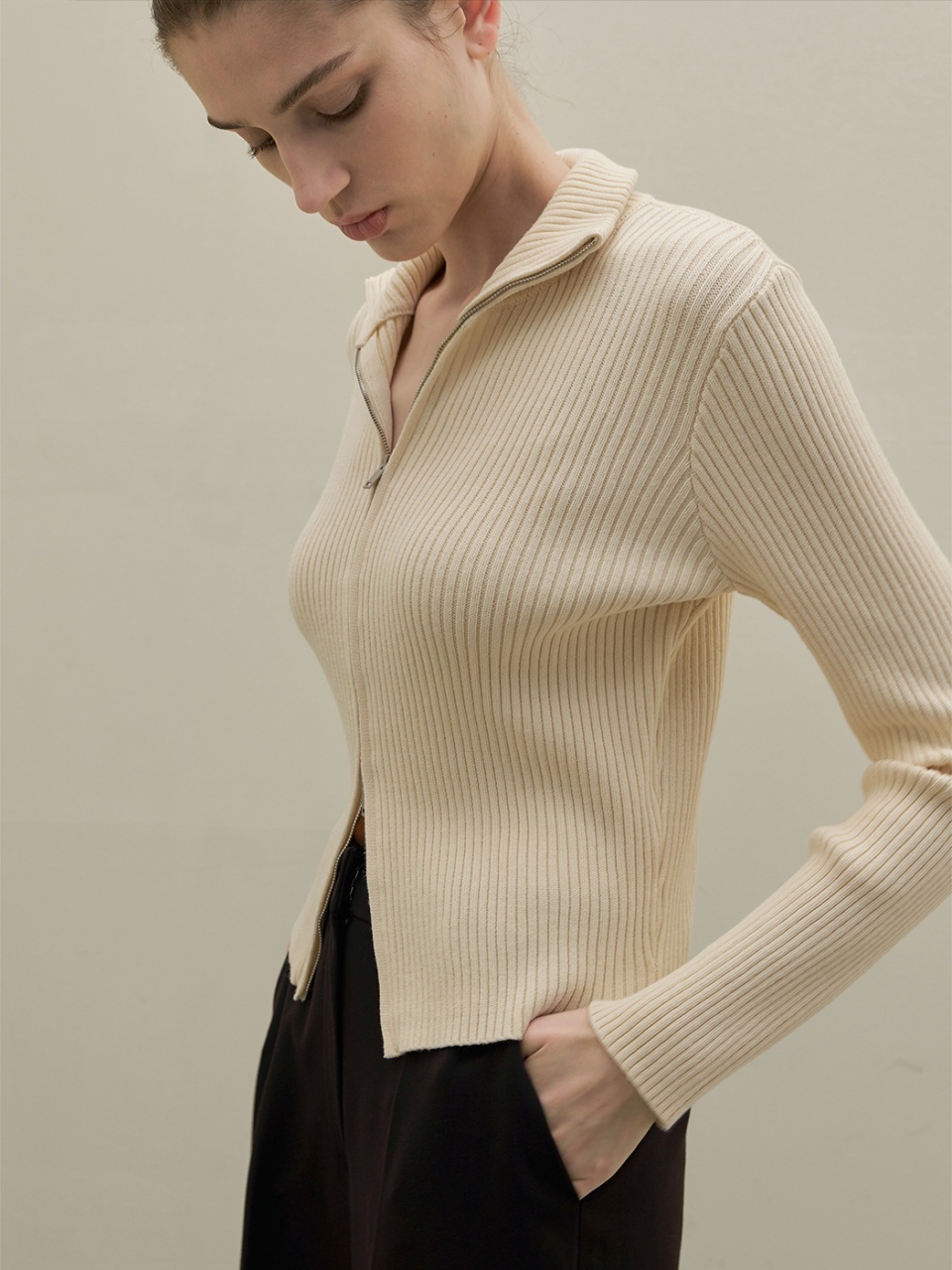 Atelier Nain High Neck Zip Rib Knit Cardigan_3 Colors