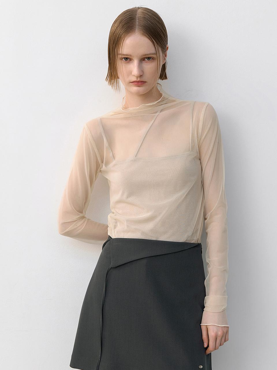 Atelier Nain Layered Shirring Sheer Long Sleeve Blouse (BL-4290)