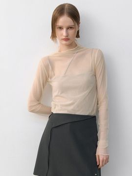 Atelier Nain Layered Shirring Sheer Long Sleeve Blouse (BL-4290)